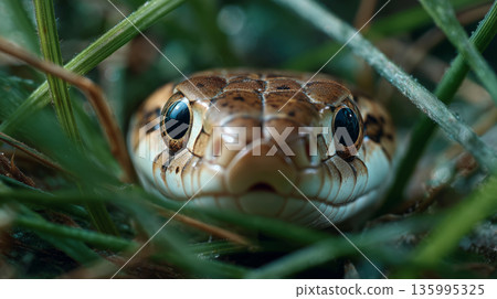 Serene encounter with a camouflaged snake among lush grass at dawn Serene encounter with a camouflaged snake among lush grass at dawn 135995325