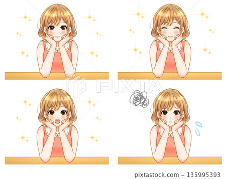 一組插畫，描繪了一個眼神狡猾、仰望天空的可愛女孩。 135995393