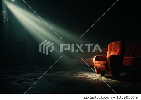 Radiant solitude in a darkened theater with a red cinema seat 135995579