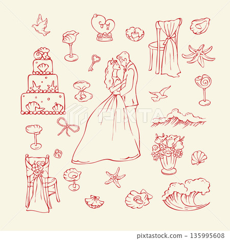 Sea wedding charming collection of hand drawn doodles Sea wedding charming collection of hand drawn doodles 135995608