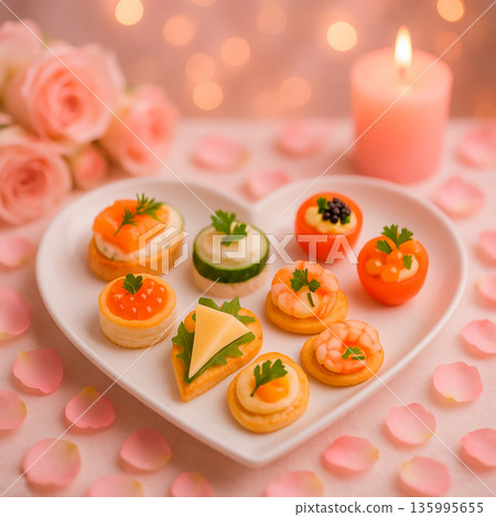 盛放在心形盤子裡的色彩繽紛的開胃小點和餐前小吃 135995655