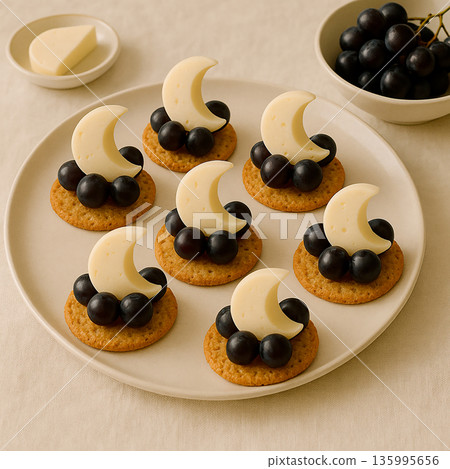 點心小一點，上面放著新月形起司和葡萄 135995656
