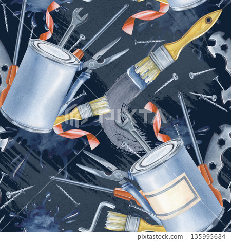 A seamless dynamic pattern with working tools for home renovation. Watercolor illustration on a dark blue background. Seamless background with realistic male tools for the design of repair and 135995684
