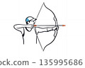 Archery sport simple minimalist graphic style print emblem. Man archer athlete with bow and arrow in hand. 135995686