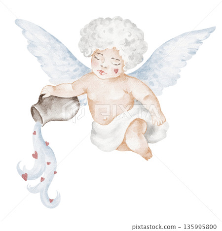 Watercolor cupid child illustration, hand drawn and isolated. Flying cherub angel for valentines day, wedding, anniversary, postcard, card and celebration design. Suitable for print and digital use. 135995800