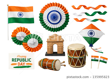 Png set of republic day india collection with flags, drums, and decorations on transparent background. concept of national celebration, indian culture, festive elements. 135995823