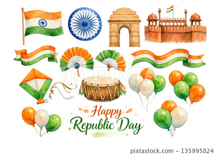 Png set of republic day india elements with flags, monuments, and traditional symbols on transparent background. concept of national celebration, cultural artifacts, patriotic decor. 135995824