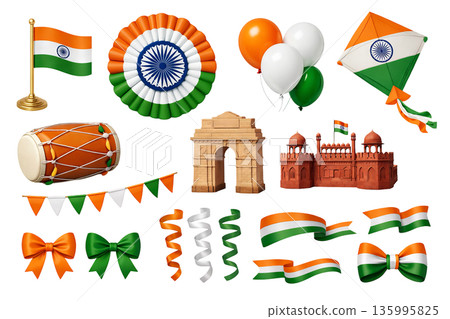 Png set of republic day india elements including flags, balloons, kites, and iconic landmarks isolated on transparent background. concept of indian national celebration, cultural symbols, patriotic 135995825