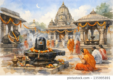 Temple courtyard celebrating maha shivaratri with shiva lingam, priests, devotees, and floral decorations in serene atmosphere. concept of hindu festival, spiritual worship, cultural tradition 135995891