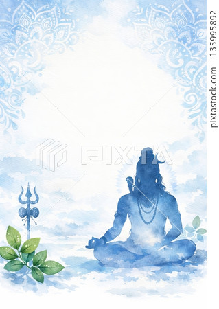 Shiva meditation silhouette with trishul and leaves on cloudy background, watercolor art. concept of inner peace, spiritual connection, lord shiva devotion for maha shivaratri, copy space, vertical 135995892