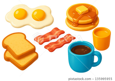 Png cartoon breakfast set with eggs, bacon, pancakes, toast, and coffee isolated on transparent background. concept of morning meal, cute breakfast elements, fun food illustration 135995955