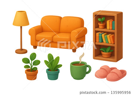 Png cozy home set with sofa, lamp, bookshelf, potted plants, coffee cup, and slippers isolated on transparent background. concept of comfortable living, home decor, relaxation elements 135995956