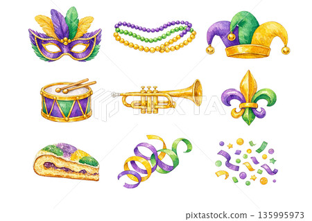 watercolor Png set of colorful mardi gras elements with mask, beads and instruments isolated on transparent background. concept of celebration decor, festival icons, party symbols collection 135995973