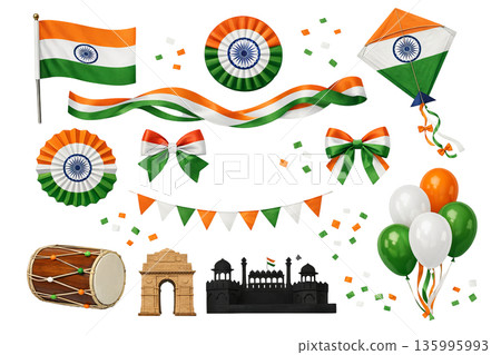 Png set of republic day india elements including flags, kites, and decorations on transparent background. concept of national celebration, patriotic symbols, indian cultural icons. 135995993