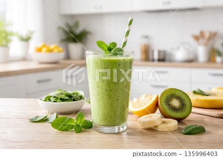 Green healthy smoothie with mint leaf decoration and ingredients on a kitchen surface. Detox drink for healthy diet concept 135996403