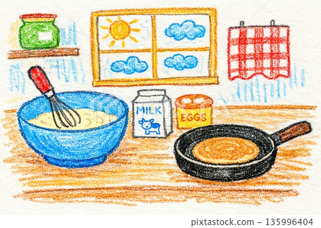 Kid crayon drawing of pancake making ingredients on kitchen table. Baking breakfast creative illustration for children menu 135996404