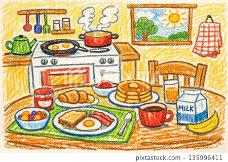 Colorful crayon drawing of a breakfast table in the kitchen. Child like illustration featuring food for morning meal 135996411