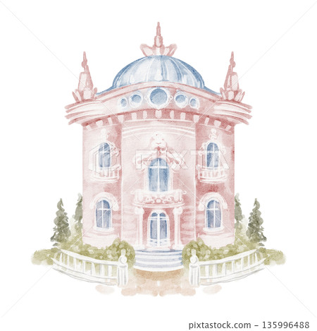 Watercolor drawing of a grand rococo mansion. Isolated illustration of villa, estate, and residence. Perfect for real estate marketing, invitation, or brochure. 135996488