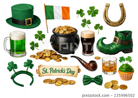 Png st patrick s day set with hat, flag, coins, and beer isolated on transparent background. concept of holiday symbols, irish traditions, festive icons collection. 135996502