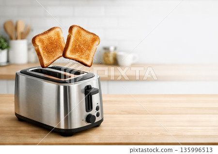 Two slices of golden toasted bread popping out of a chrome toaster on a wooden kitchen counter. Concept of breakfast, cooking, food preparation, copy space 135996513