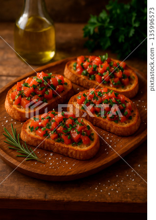 用成熟番茄和馬蘇里拉起司製成的色彩鮮豔的意式烤麵包 135996573
