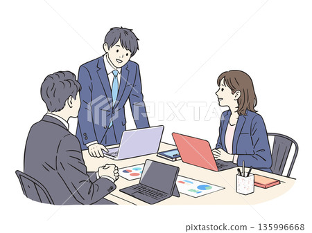 Three male and female businessmen having a meeting on a laptop Three male and female businessmen having a meeting on a laptop 135996668