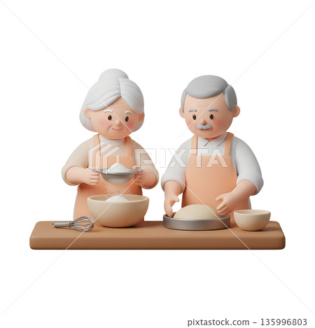 Wholesome 3d cartoon of an elderly couple baking together in a kitchen, laughing and sharing a joyful moment with flour and dough 135996803