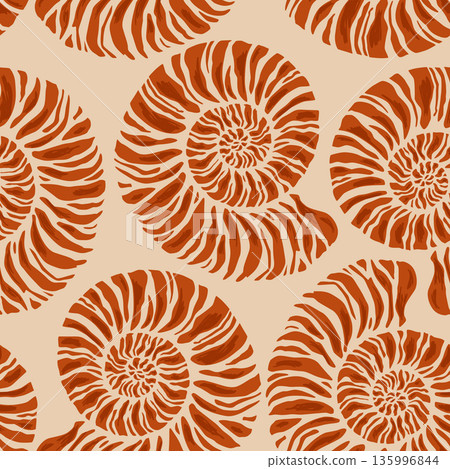 Boho brown seashell seamless pattern. Vector hand drawn summer vacation print, wallpaper, textile design. Boho brown seashell seamless pattern. Vector hand drawn summer vacation print, wallpaper, textile design. 135996844
