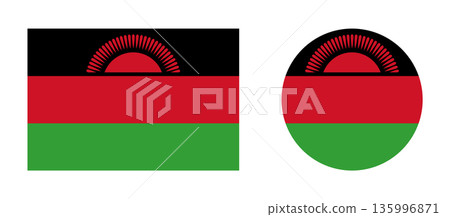 Flag of Republic Malawi. Malawi circle, rectangle flag. Flag of Malawi round, rectangular shape symbol, icon set. Flag of Republic Malawi. Malawi circle, rectangle flag. Flag of Malawi round, rectangular shape symbol, icon set. 135996871