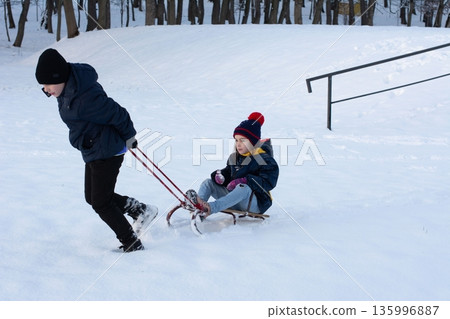 A child pulls a sled carrying another child through snowy park landscape. A child pulls a sled carrying another child through snowy park landscape. 135996887