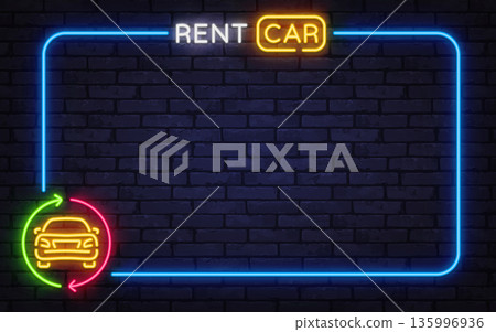 Neon rent car sign with vehicle icon on brick background. Bright colors create modern transport and travel service atmosphere. Neon rent car sign with vehicle icon on brick background. Bright colors create modern transport and travel service atmosphere. 135996936