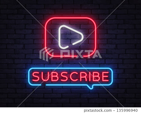 Neon subscribe button with play icon on dark brick wall. Bright glowing design attracts attention and fits video channels, streams, or social media banners. Neon subscribe button with play icon on dark brick wall. Bright glowing design attracts attention and fits video channels, streams, or social media banners. 135996940