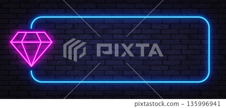 Neon diamond icon with blue glowing frame on dark wall. Luxury style highlights value, quality, or premium concept. Neon diamond icon with blue glowing frame on dark wall. Luxury style highlights value, quality, or premium concept. 135996941