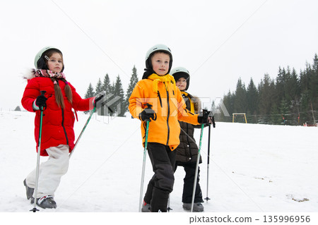 Joyful kids embarking on a snow adventure in a winter wonderland with trees in the background and cloudy skies above during a chilly afternoon Joyful kids embarking on a snow adventure in a winter wonderland with trees in the background and cloudy skies above during a chilly afternoon 135996956