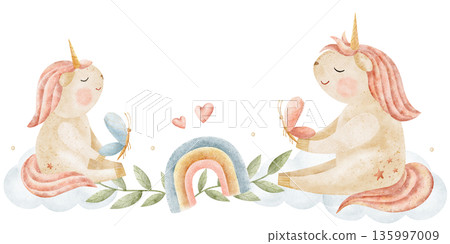Unicorn mother baby, butterflies, rainbow, leaves, heart. Hand-drawn watercolor illustration in childish style. Template for greeting card design, holiday invitations, birthdays on isolated background Unicorn mother baby, butterflies, rainbow, leaves, heart. Hand-drawn watercolor illustration in childish style. Template for greeting card design, holiday invitations, birthdays on isolated background 135997009