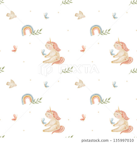 Unicorn with butterflies, rainbow, leaf sprig, bird. Watercolor pattern hand-drawn illustration in childish style. Seamless background for baby designs nursery prints clothing bedding fabric wallpaper Unicorn with butterflies, rainbow, leaf sprig, bird. Watercolor pattern hand-drawn illustration in childish style. Seamless background for baby designs nursery prints clothing bedding fabric wallpaper 135997010