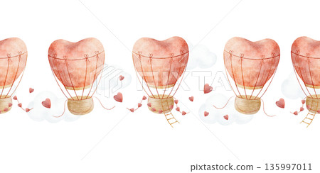 Watercolor border air hot balloons flying, pink heart. Hand-drawn illustration in childish style. Seamless banner isolated from background for nursery design, wallpapers, postcards invitations, decor Watercolor border air hot balloons flying, pink heart. Hand-drawn illustration in childish style. Seamless banner isolated from background for nursery design, wallpapers, postcards invitations, decor 135997011