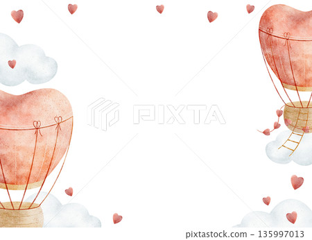 Template watercolor air hot balloons flying in clouds, heart. Hand-drawn illustrations, frame for design postcards Valentine's Day love, posters for children's party, birthdays on isolated background Template watercolor air hot balloons flying in clouds, heart. Hand-drawn illustrations, frame for design postcards Valentine's Day love, posters for children's party, birthdays on isolated background 135997013