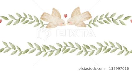Watercolor border birds, green leaf branches. Hand-drawn illustration twig in childish wedding style. Seamless banner isolated from background for baby nursery designs, cards, holiday invitations love Watercolor border birds, green leaf branches. Hand-drawn illustration twig in childish wedding style. Seamless banner isolated from background for baby nursery designs, cards, holiday invitations love 135997016