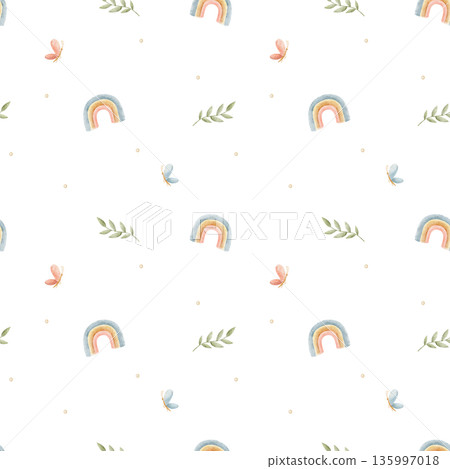 Butterflies flying among rainbow, green leaf watercolor pattern. Hand-drawn illustration in childish style. Seamless background for baby designs, nursery prints, clothing, bedding, fabric, wallpaper Butterflies flying among rainbow, green leaf watercolor pattern. Hand-drawn illustration in childish style. Seamless background for baby designs, nursery prints, clothing, bedding, fabric, wallpaper 135997018