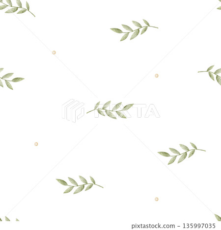Green leaf branches watercolor pattern. Hand-drawn illustration in cute childish style. Seamless background simple chaotic pastel colors for baby nursery prints, clothing, bedding, fabric, wallpaper Green leaf branches watercolor pattern. Hand-drawn illustration in cute childish style. Seamless background simple chaotic pastel colors for baby nursery prints, clothing, bedding, fabric, wallpaper 135997035