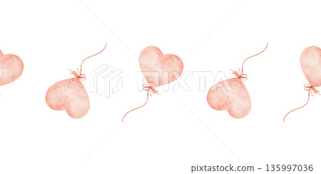 Watercolor border art balloons party, heart shaped. Hand-drawn illustration in childish style. Seamless pink banner, isolated from background, for baby nursery designs, wallpapers, cards, invitations 135997036