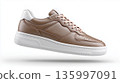 Brown sneaker with white sole shown from side view in neutral background 135997091