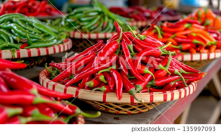 Market display of red and green chili peppers in baskets at local location 135997093
