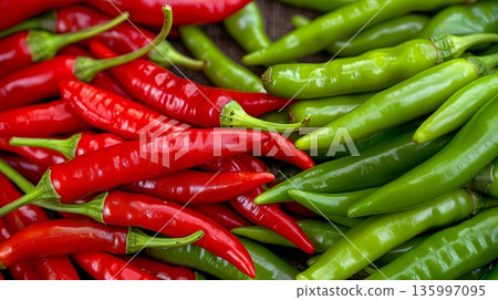 Fresh green and red chili peppers on display at a market 135997095