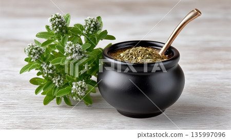Mate tea sits in a black gourd next to fresh mint leaves on a wooden table 135997096