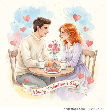 A couple is seated at a round wooden table, holding hands. The man wears a cream sweater, and the woman has a purple dress with a white collar 135997145