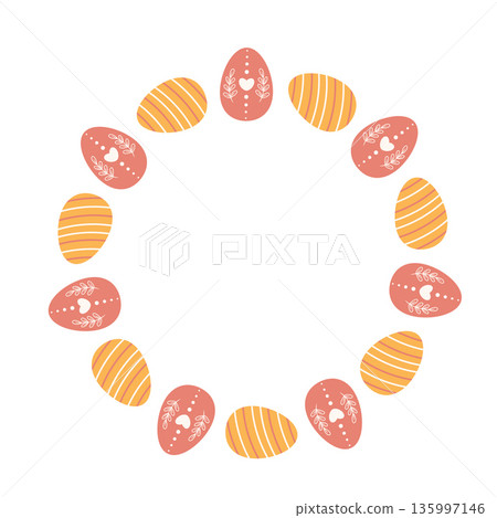 A simple round frame featuring Easter eggs. The minimalist and playful design is perfect for Easter Day, themed cards, stickers. 135997146