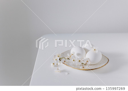Beautiful branch with white blossom and eggs on a white background. Minimal concept. Beautiful branch with white blossom and eggs on a white background. Minimal concept. 135997269