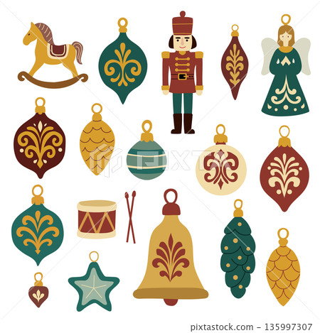 Victorian Toys Christmas Ornament Set with Vintage Holiday Decoration and Festive Vector Illustration Victorian Toys Christmas Ornament Set with Vintage Holiday Decoration and Festive Vector Illustration 135997307